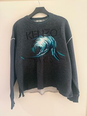 Kenzo Dark Gray Crewneck Sweatshirt with Blue Wave Graphic
